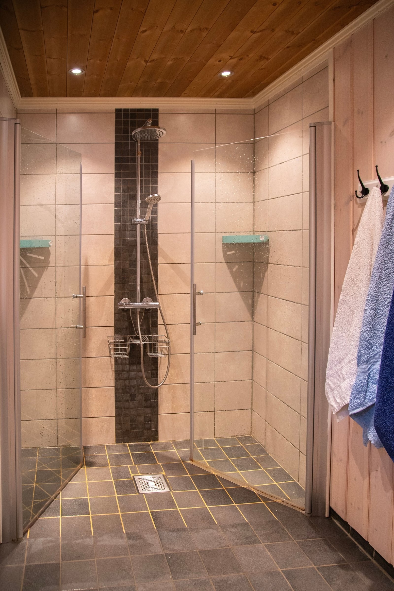 Stor, flislagt dusjnisje med slagdører i glass. Galleribilde