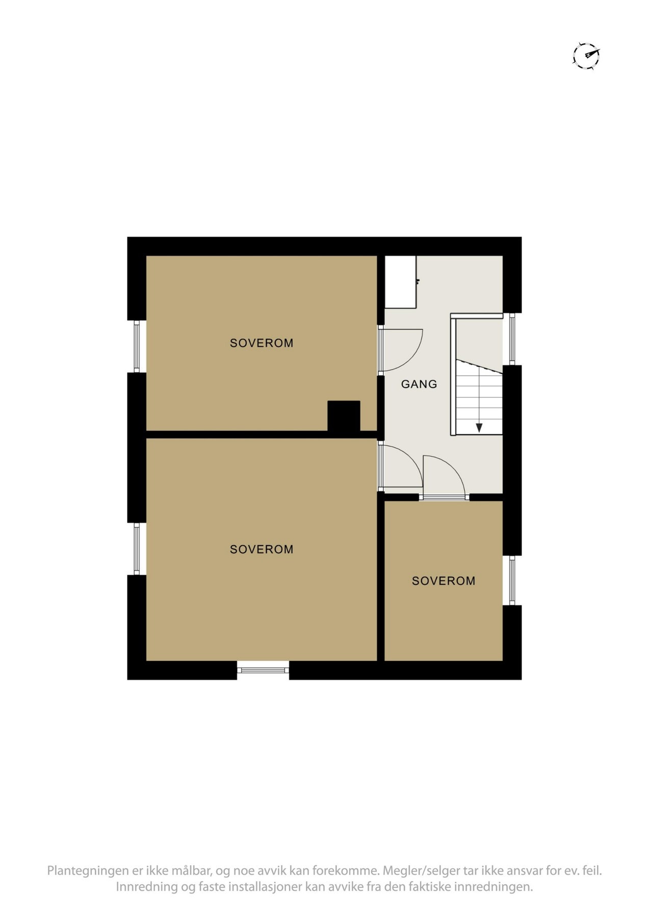 Illustrasjon av loftets innredning. Merk at rommenes bruk er angitt iht. innredning. Soverommene er ikke godkjent pga. for liten størrelse på vindu. Galleribilde