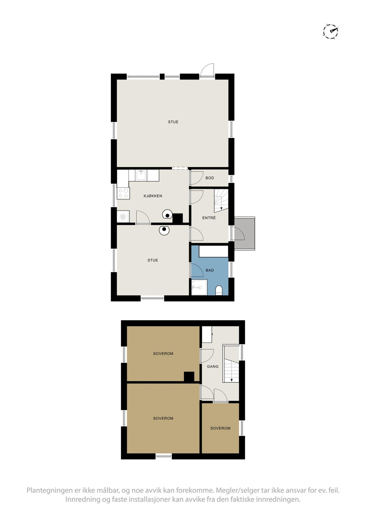 Illustrasjon av boligens innredning. Merk at rommenes bruk er angitt iht. innredning. Soverommene er ikke godkjent pga. for liten størrelse på vindu. Galleribilde