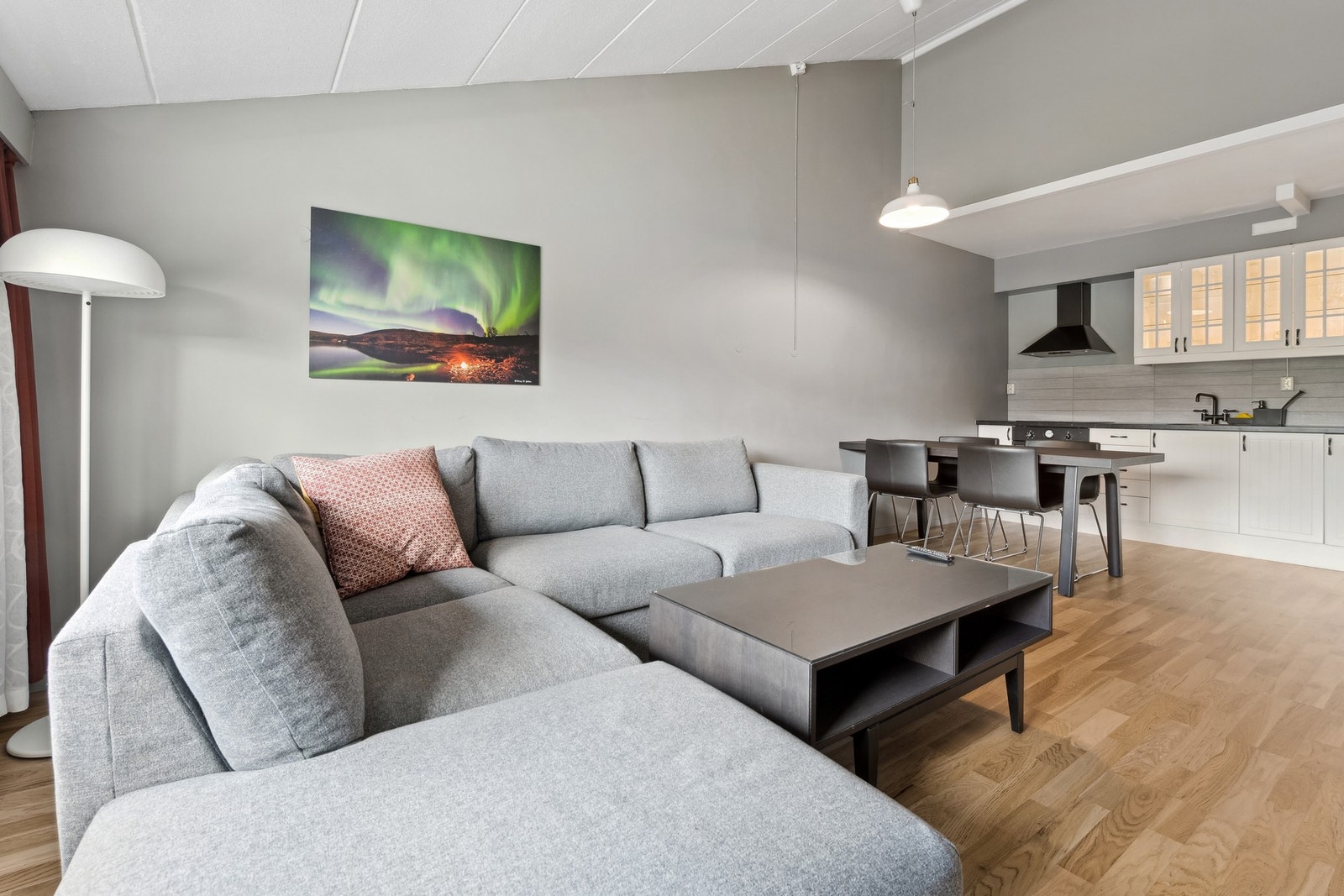 Romslig åpen stue og kjøkken som måler 24 kvm. Galleribilde