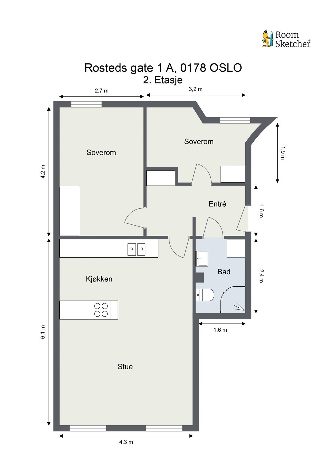 Plantegning - I tillegg disponerer leiligheten en bod i underetasjen på 3m². Galleribilde