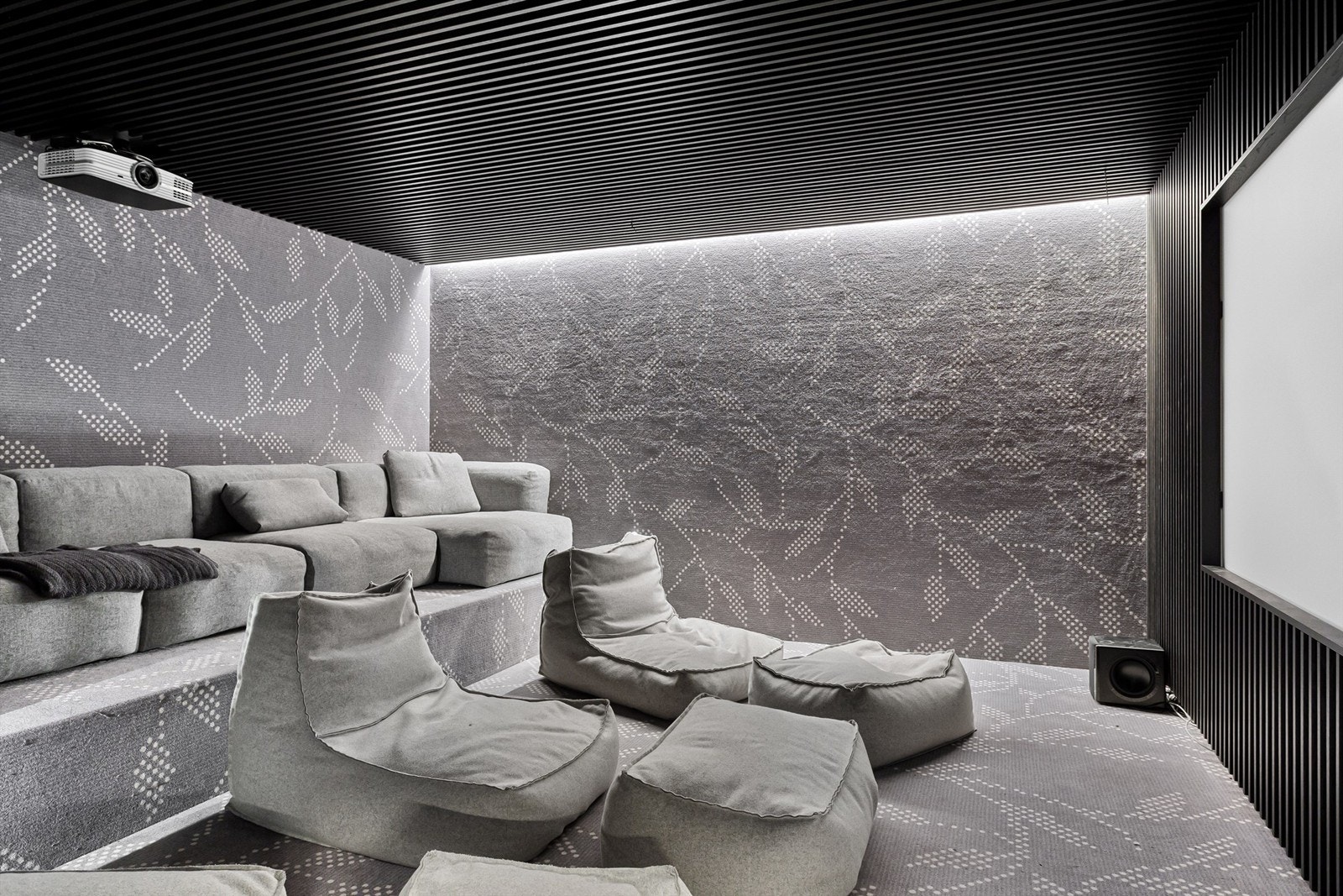 Kinorom med sitteområder som er fordelt på tre nivåer - Opplegg for projektor og lerret Galleribilde