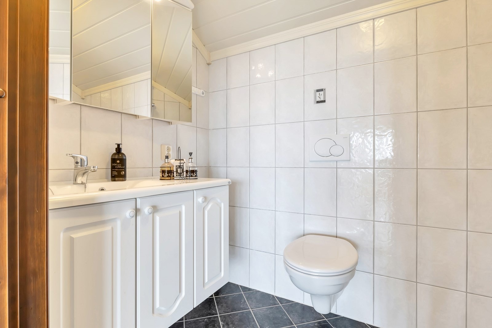 - Badet er innredet med dusjnisje, vegghengt toalett, servant med skap og speilskap for ekstra oppbevaring - Galleribilde