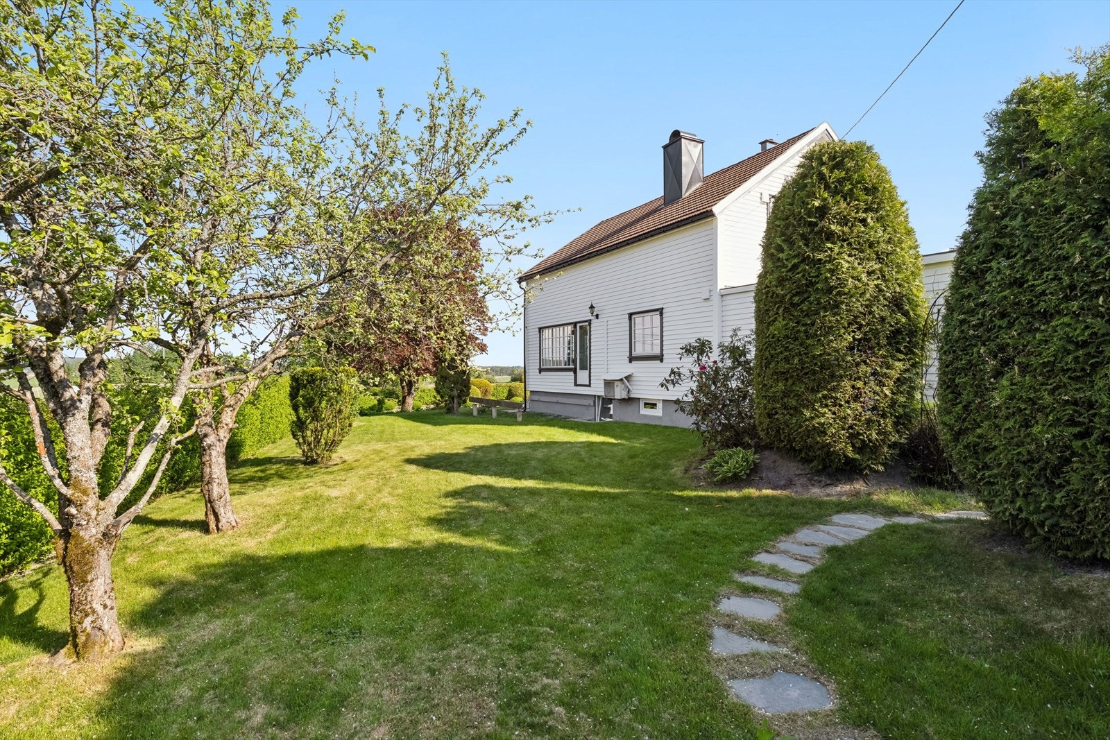 Hagen er full av frukttrær og busker. Flerårsblomster, som blomstrer om vår, sommer og høst Galleribilde
