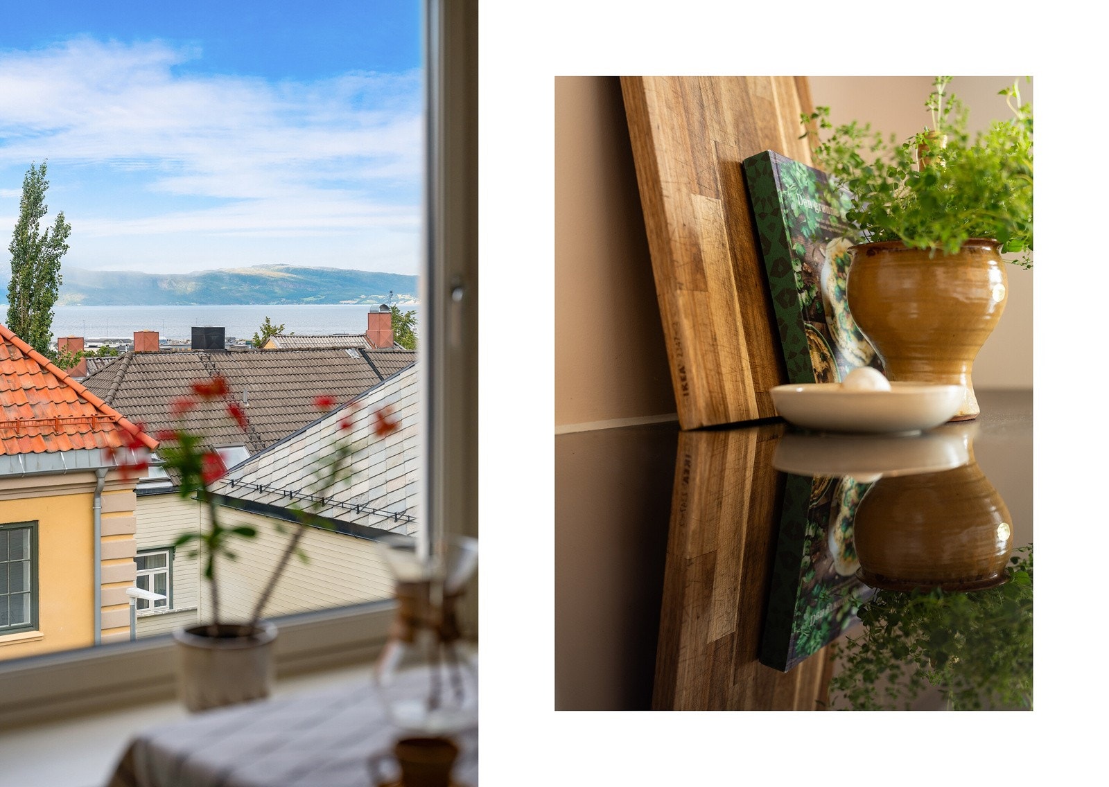 På kjøkkenet kan man spise frokost og se ut mot Trondheimsfjorden. Galleribilde