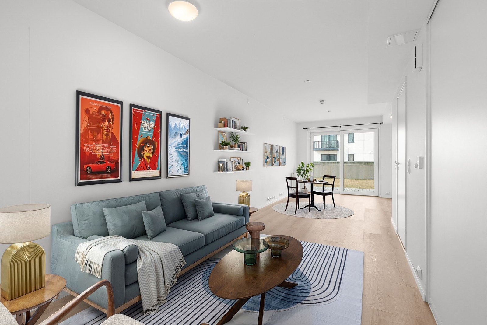 Det er plass til sofaseksjon og tv-møbel, samt plass til spisebord mot kjøkkenet. (digitalt stylet) Galleribilde