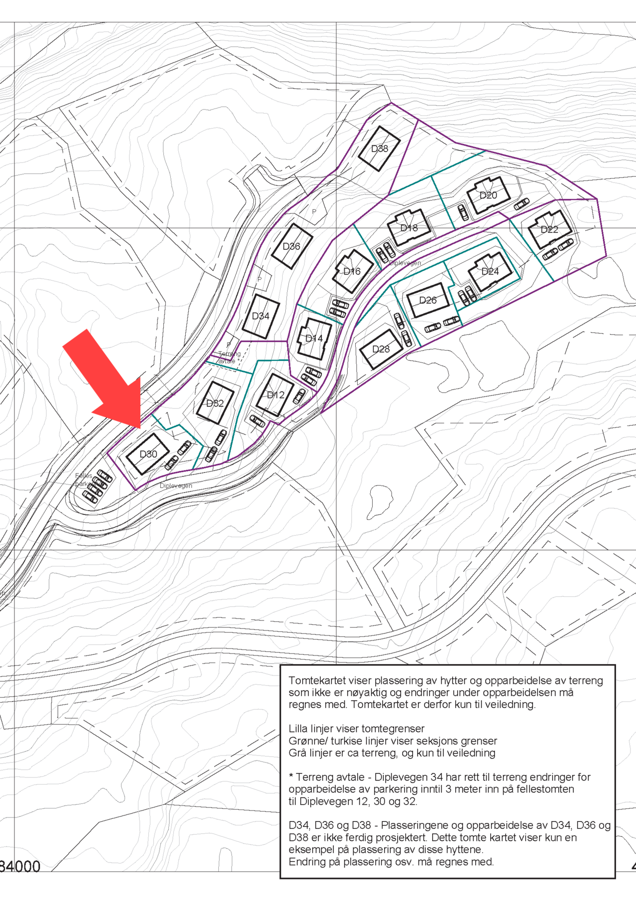 Situasjonskart tomteområde med tomt D30 markert. Galleribilde