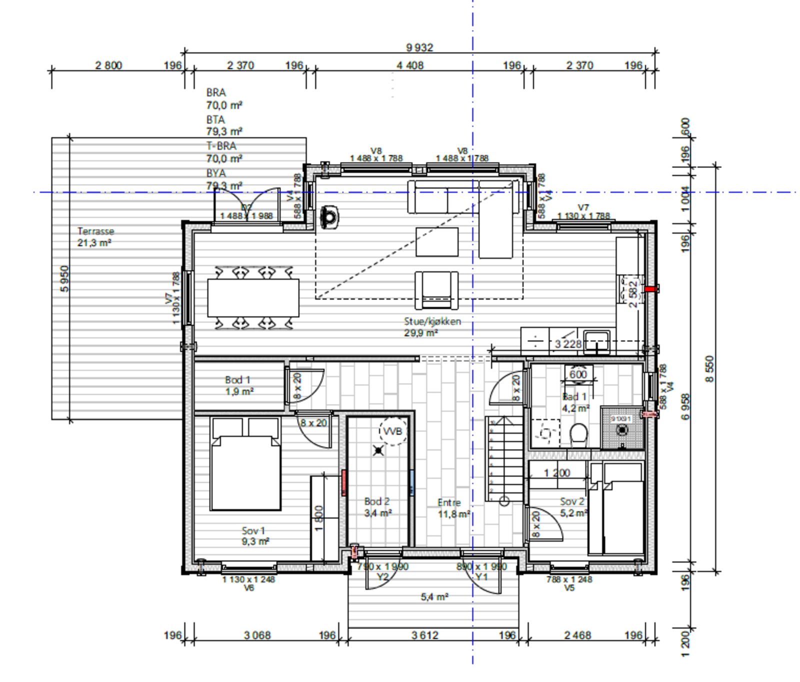 Målsatt plantegning hovedplan.
Utstikk er 120cm inntrukket i forhold til std. modellen. Galleribilde