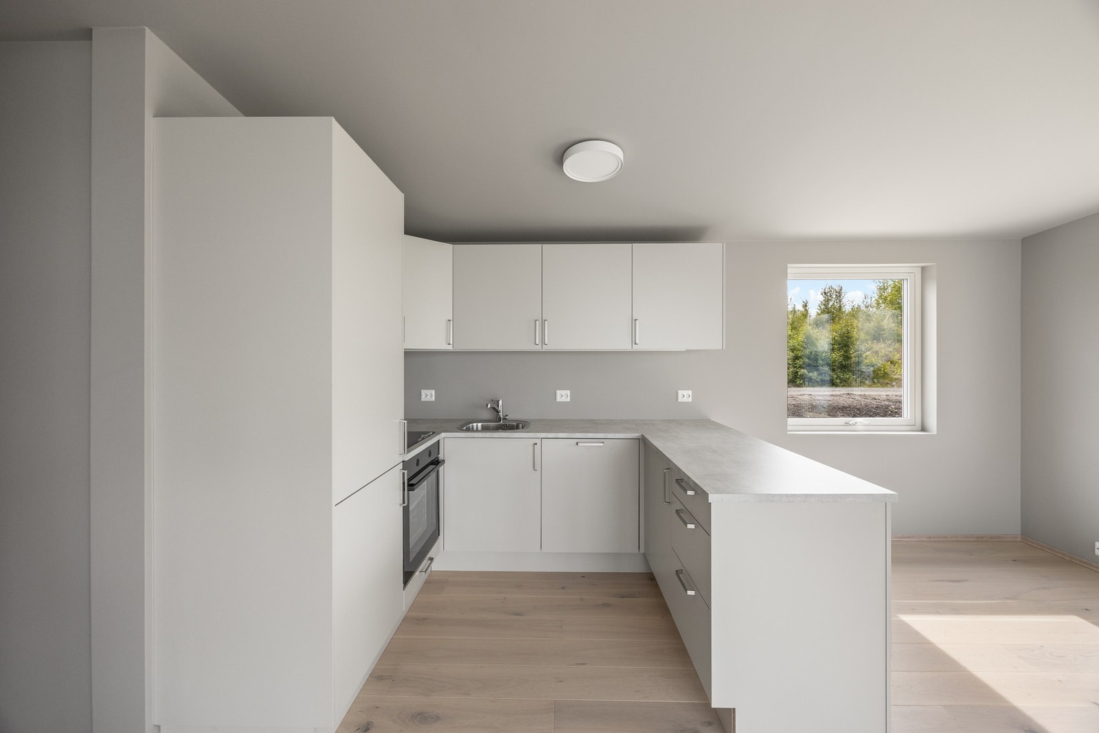 Kjøkken med integrert kjøl-/fryseskap, komfyr, stekeovn og oppvaskmaskin Galleribilde