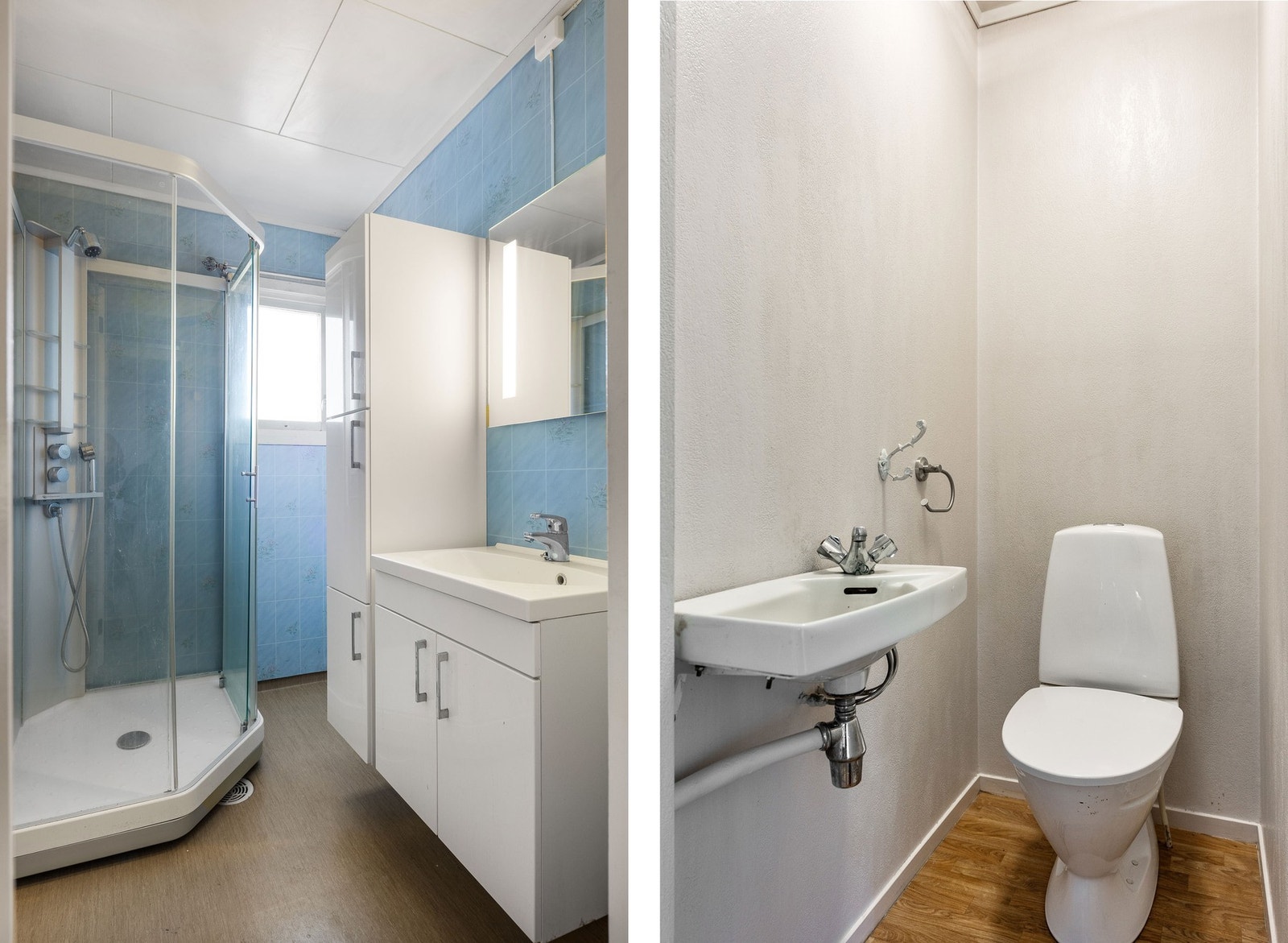 Bad med dusjkabinett og servant i innredning. Separat toalett med vask. Galleribilde