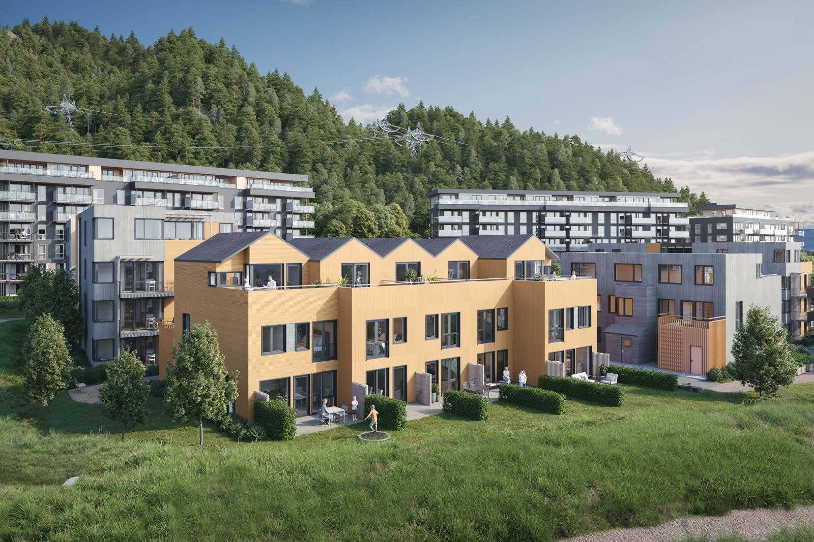 Illustrasjon av fasader og boligfeltet Galleribilde