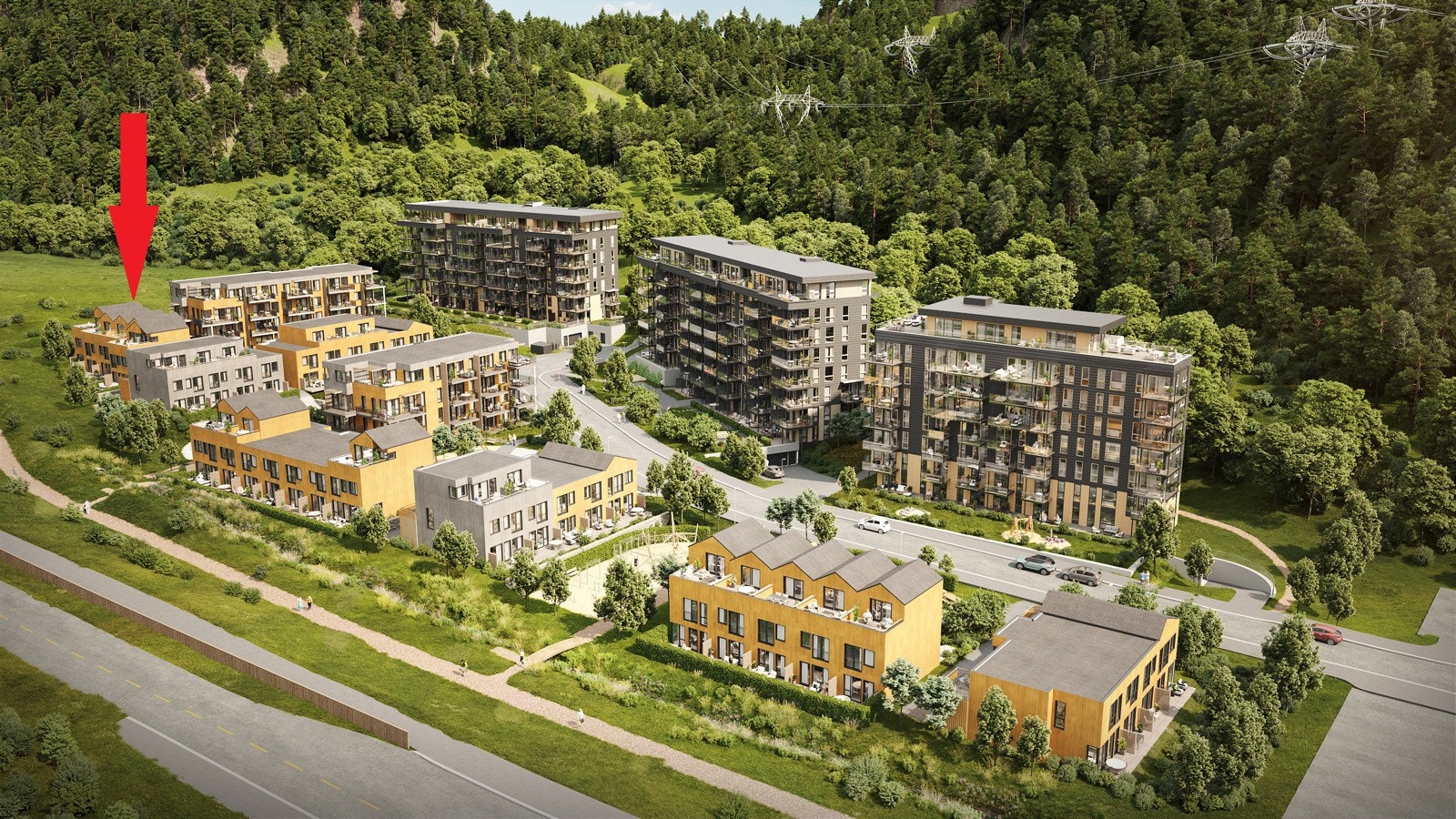 Illustrasjon av fasader og boligfeltet Galleribilde