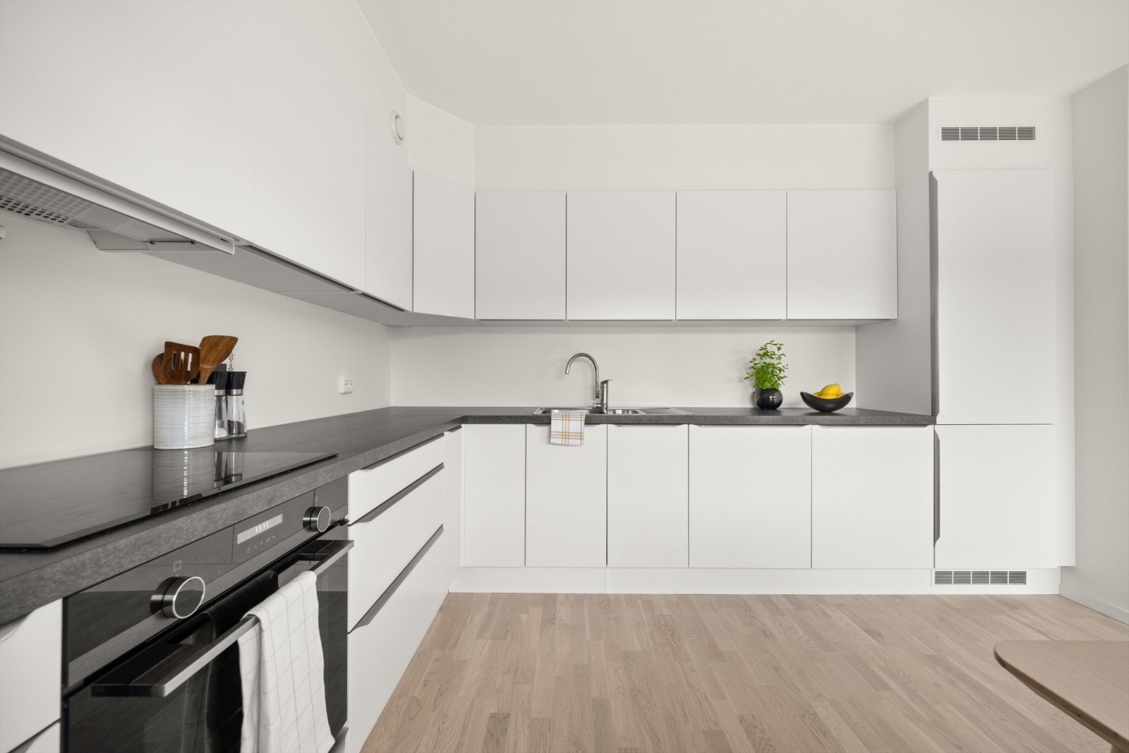 Det er helintegrerte hvitevarer bestående av komfyr, platetopp med komfyrvakt, kjøle- og fryseskap og oppvaskmaskin med waterguard Galleribilde