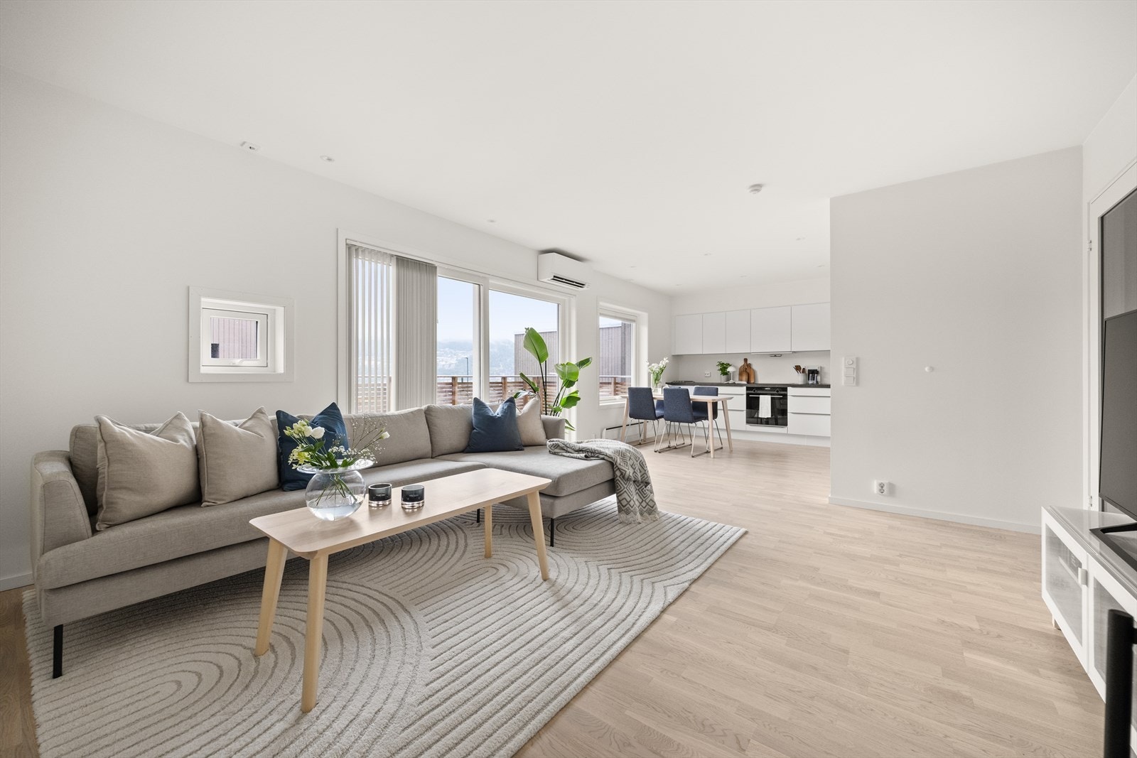 Leiligheten har store vindusflater som maksimerer dagslyset, peisovn med rør over taket, varmepumpe og en åpen og luftig planløsning i stilren utførelse Galleribilde