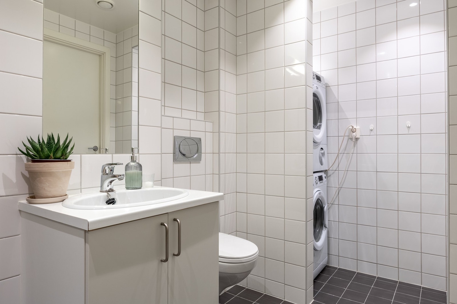 Det er opplegg og plass for vaskemaskin og tørketrommel. Galleribilde