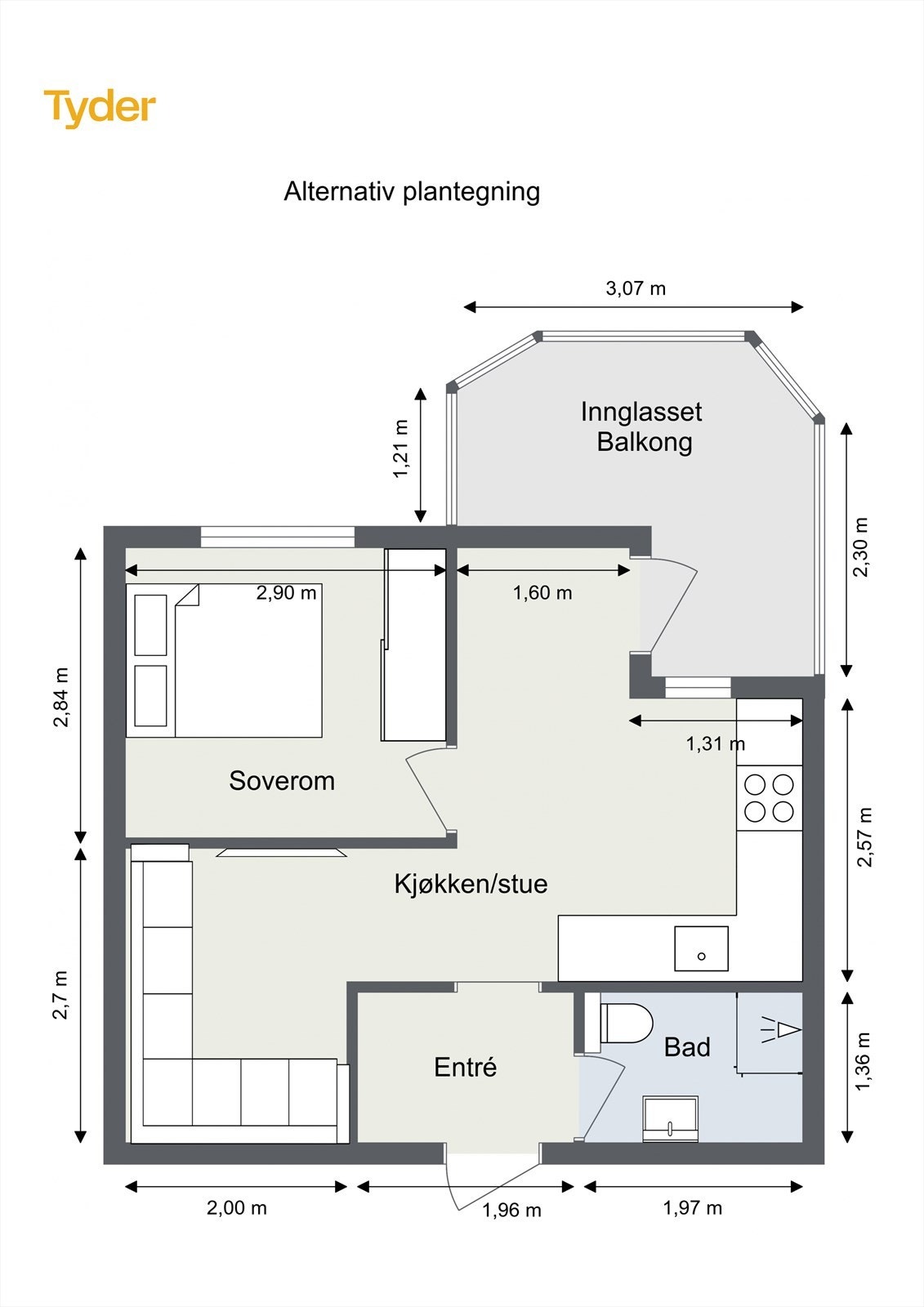 Alternativ planløsning for etablering av fullverdig 2-roms. Galleribilde