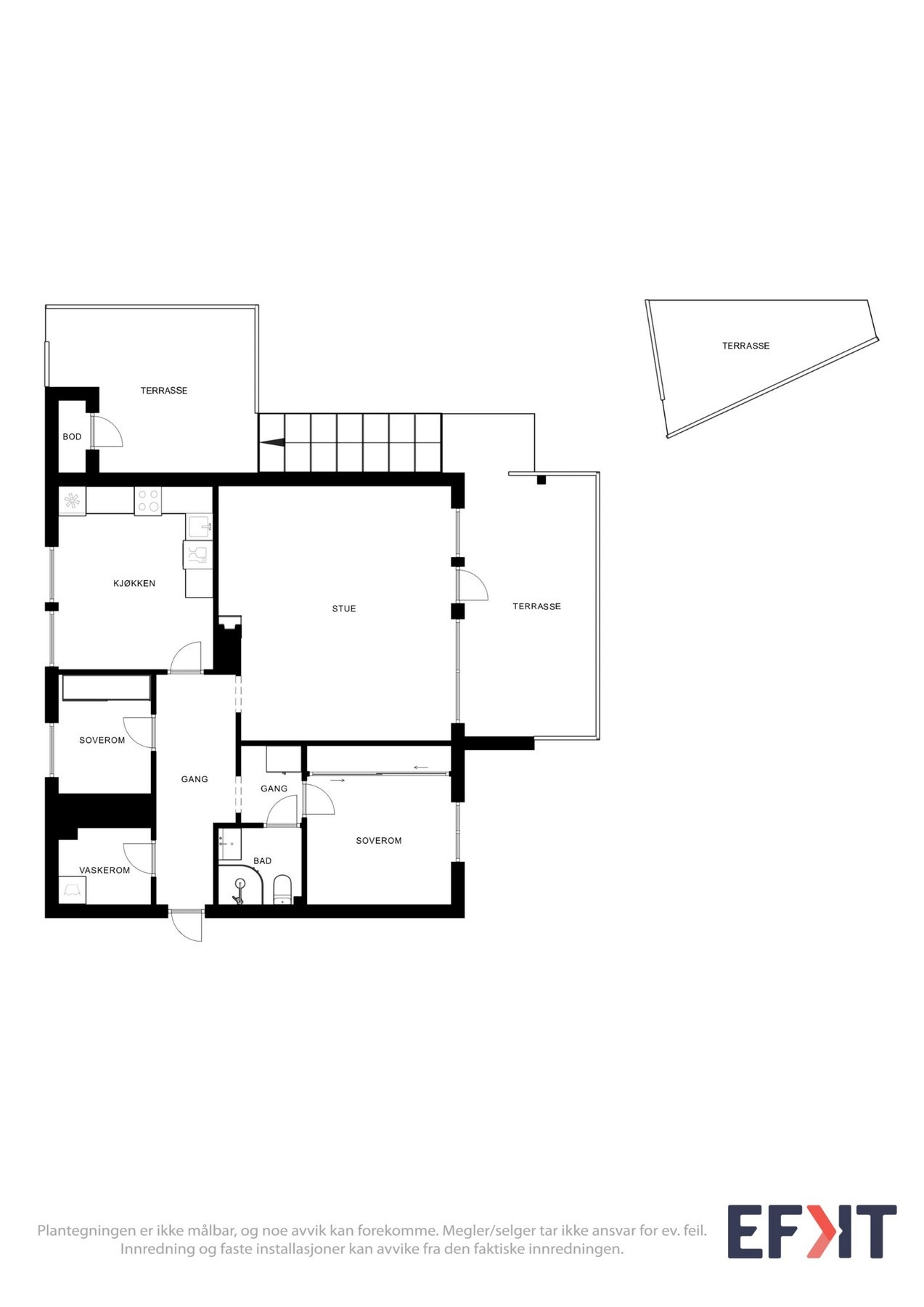 Plantegning som viser planløsningen over leiligheten og terrasser/platting tilhørende leiligheten. Galleribilde