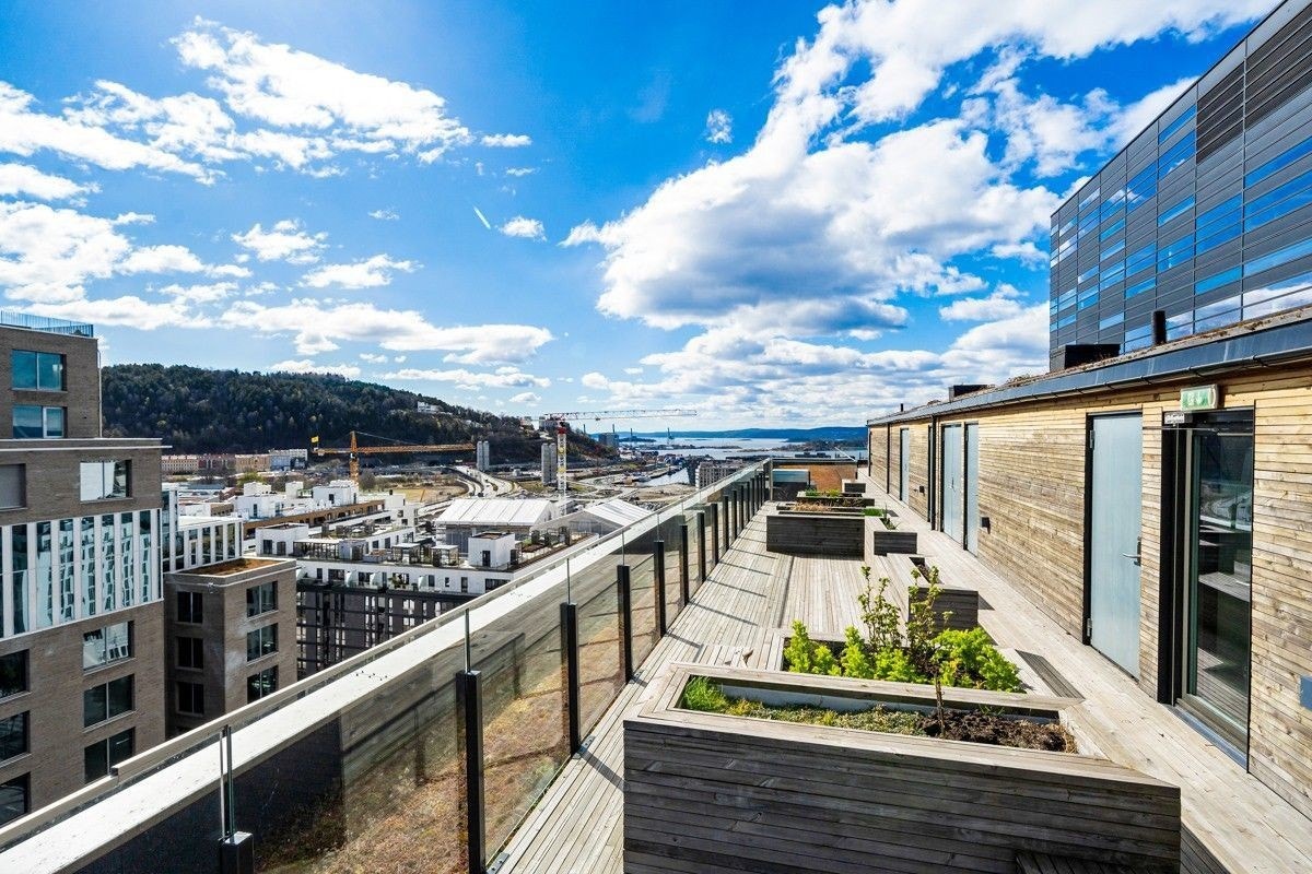 Felles takterrasse med sitteplasser. Galleribilde