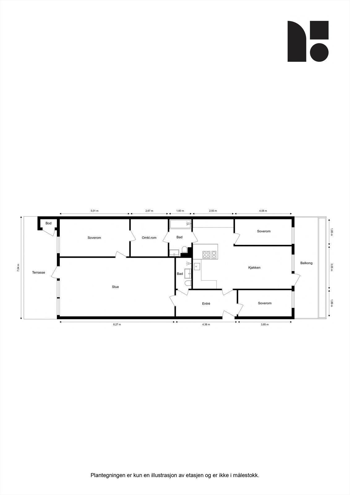 Gjennomtenkt planløsning med tre soverom, to bad og to private uteplasser. Galleribilde