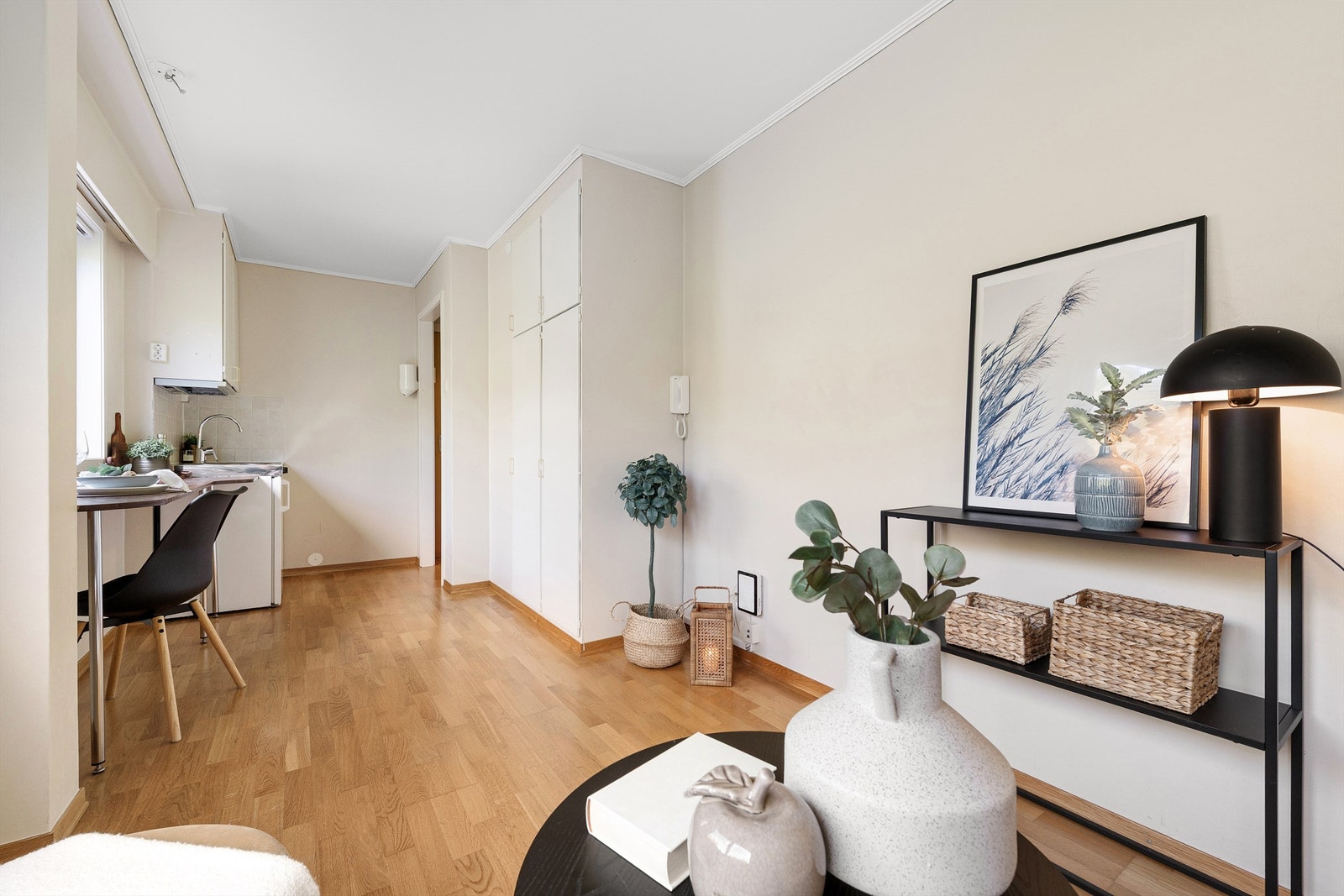 Stue/kjøkken og soverom i ett - integrerte garderobeskap med gode oppbevaringsmuligheter Galleribilde