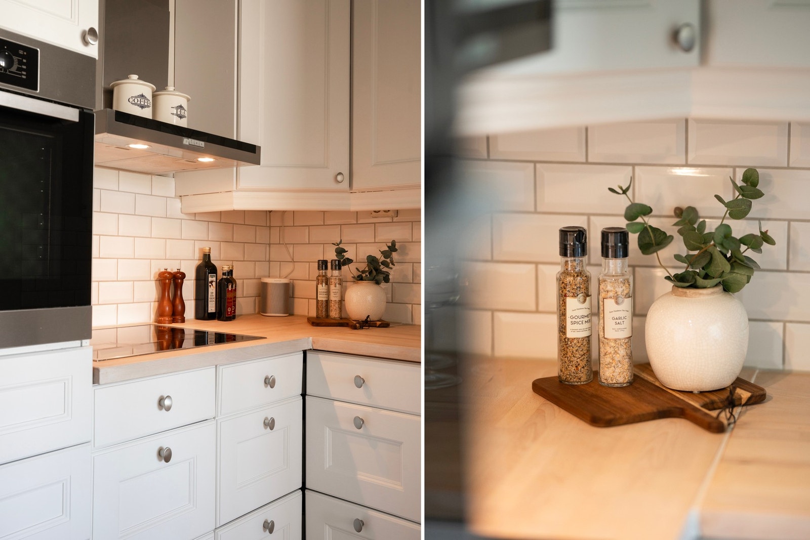 Kjøkkenet er velutstyrt med integrerte hvitevarer som kjøleskap med frysedel, oppvaskmaskin, stekeovn og nedfelt platetopp. Galleribilde