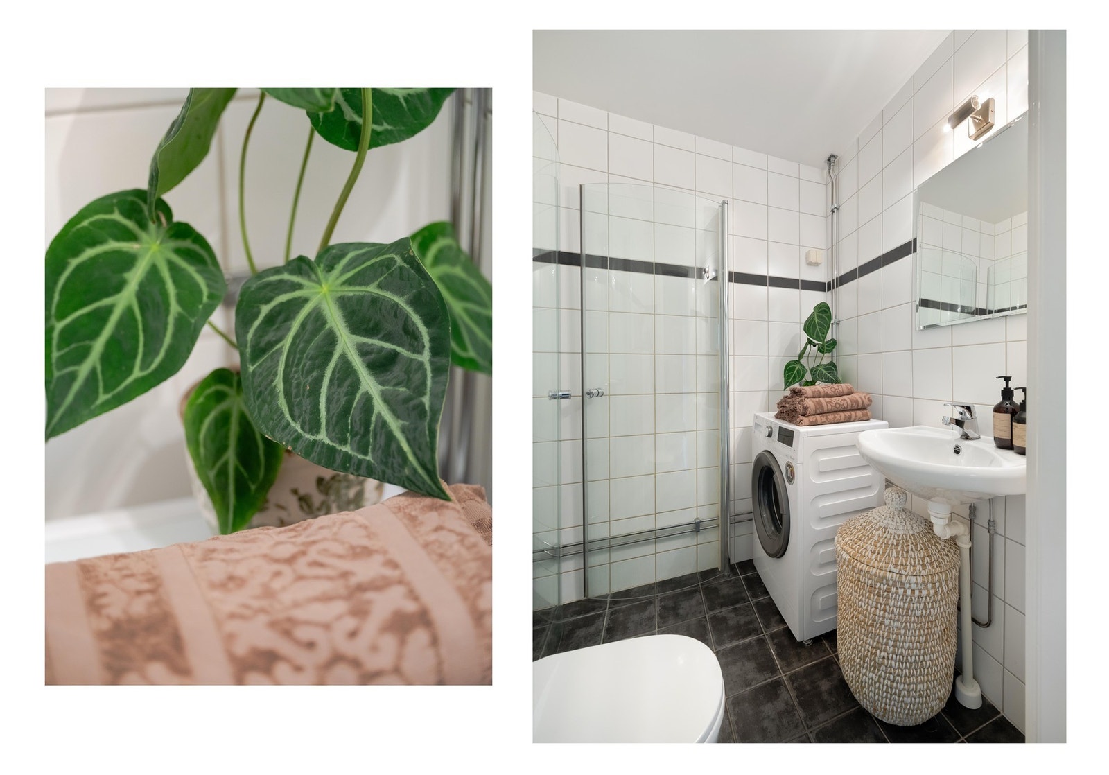 Her er det plass og opplegg til vaskemaskin og tørketrommel. også er det selvfølgelig varmekabler på gulvet. Galleribilde