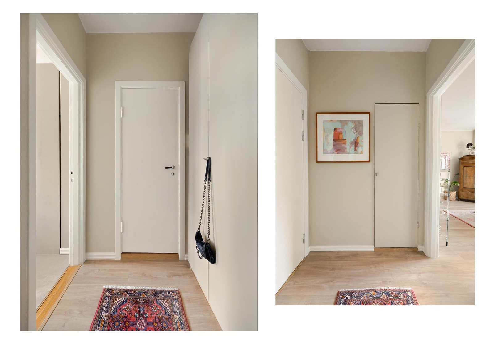 Da går vi gjennom entreen hvor vi finner dør inn til baderommet samt et lite kott og et garderobeskap for mer oppbevaring. Smart! Galleribilde