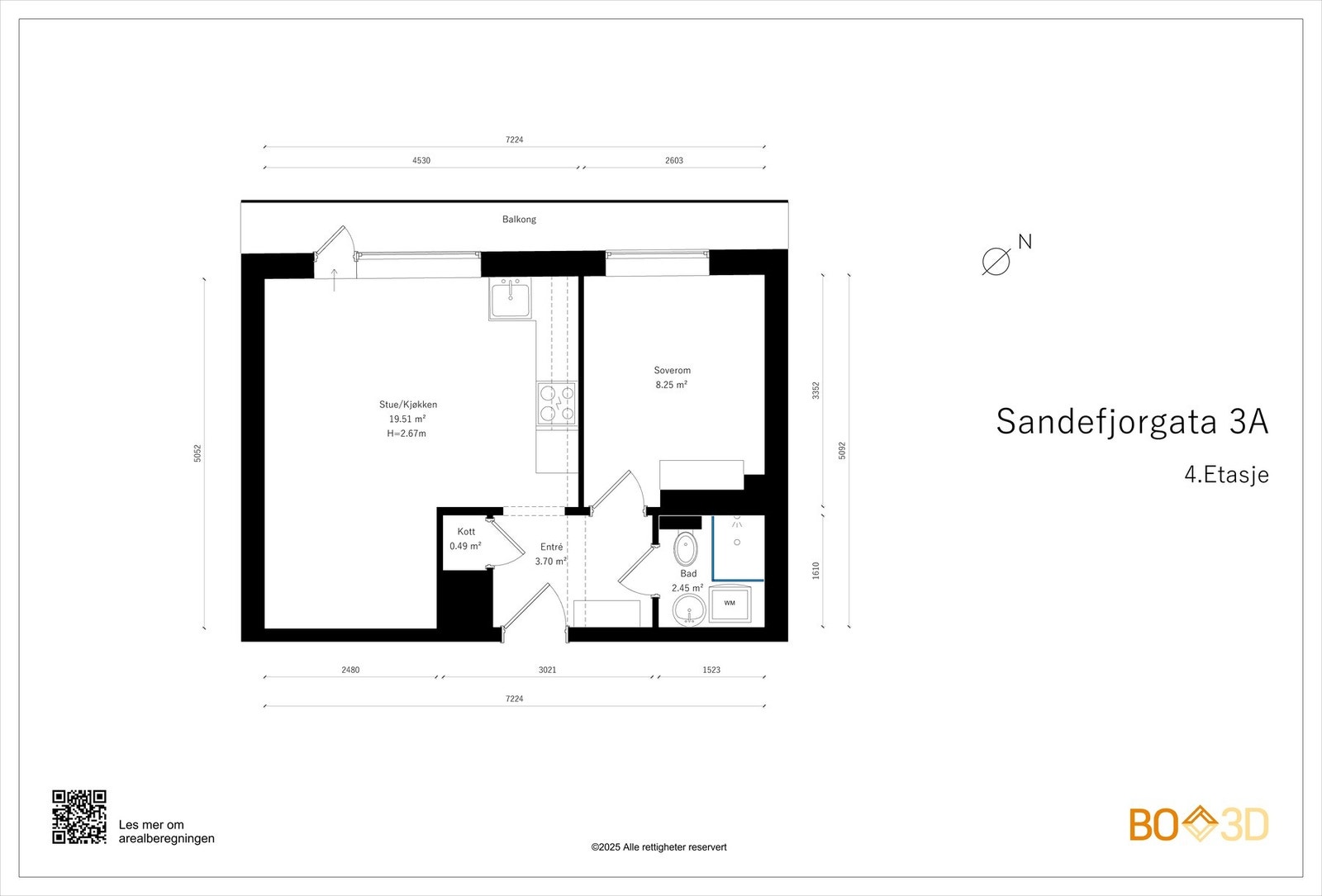 Før vi blar videre ser vi litt nærmere på leilighetens planskisse, slik at du får orientert deg litt. I tillegg til innvendig areal, disponerer leiligheten to boder. Galleribilde