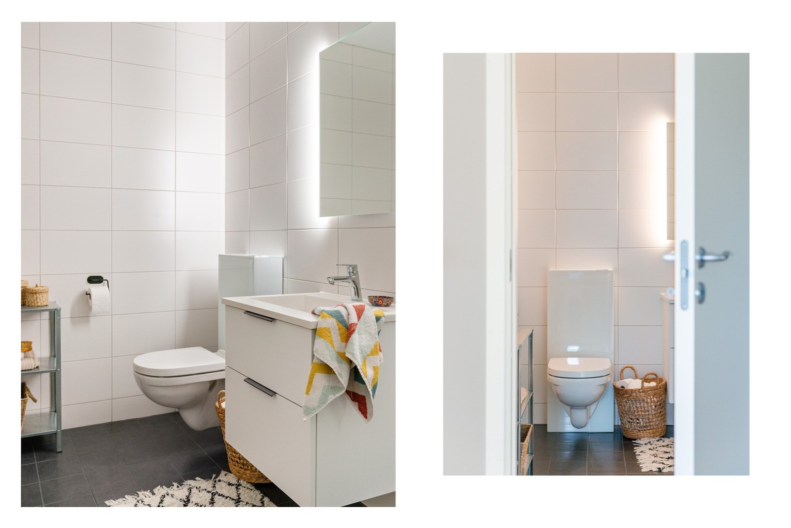 Baderomsinnredningen består av et hvitt skuffemøblement med heldekkende servant, samt speil med integrert belysning. Galleribilde