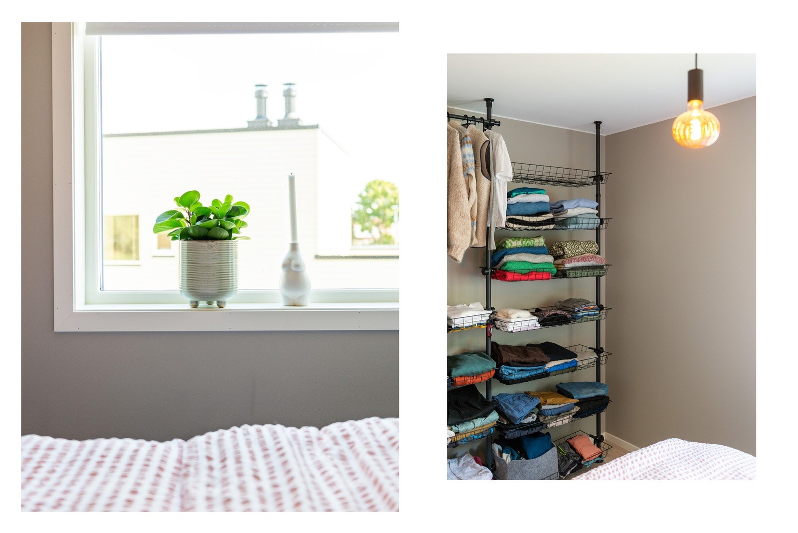 Hovedsoverommet har åpen garderobeløsning med kurvhyller og klesheng. Galleribilde