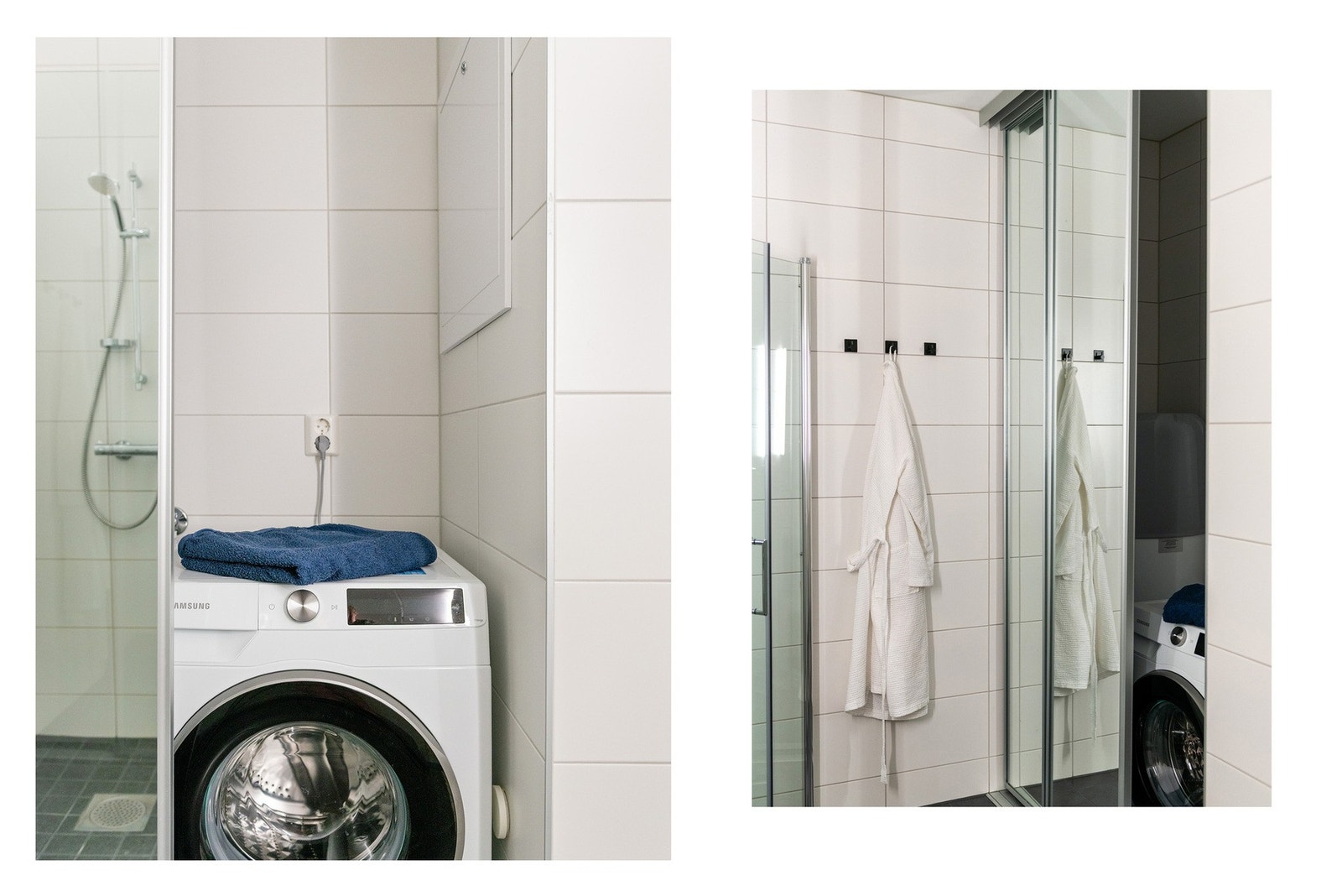 Badet har blant annet nisje med varmtvannsbereder og opplegg for vaskemaskin/tørketrommel, skjult bak skyvedører med speilfronter. Galleribilde