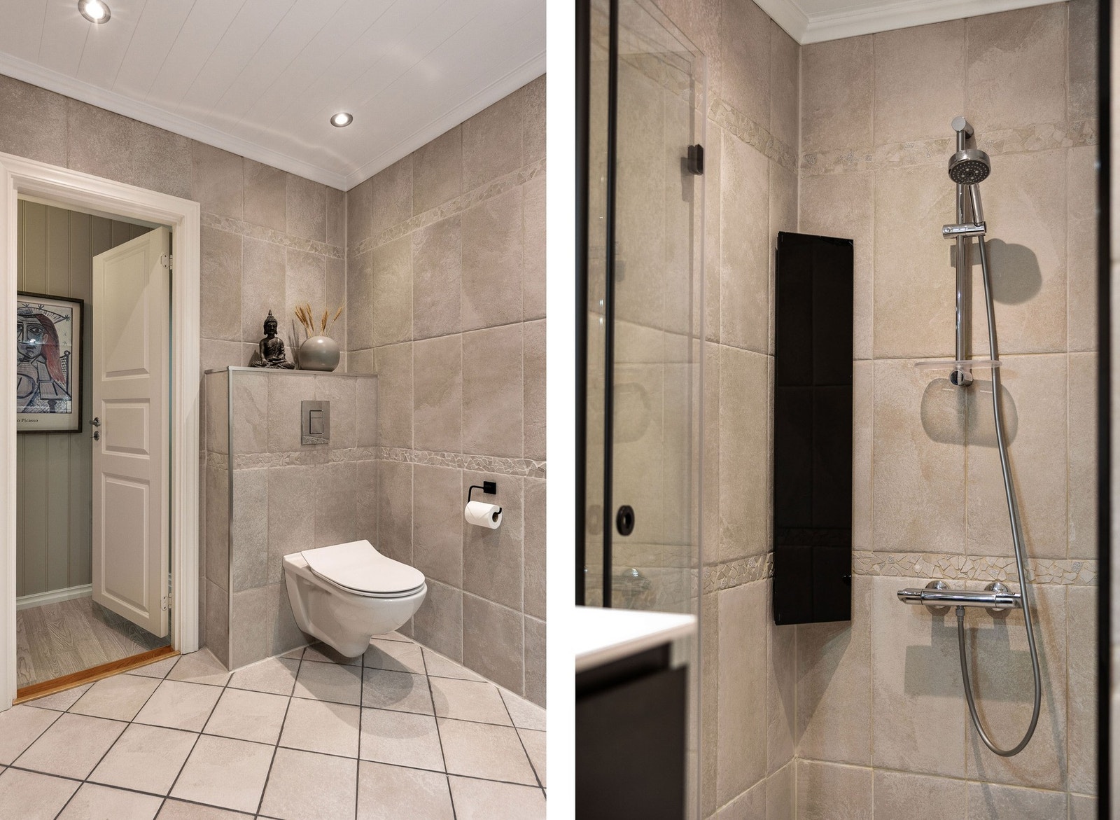 Badet har vegghengt toalett, servant i innredning og dusj. Galleribilde