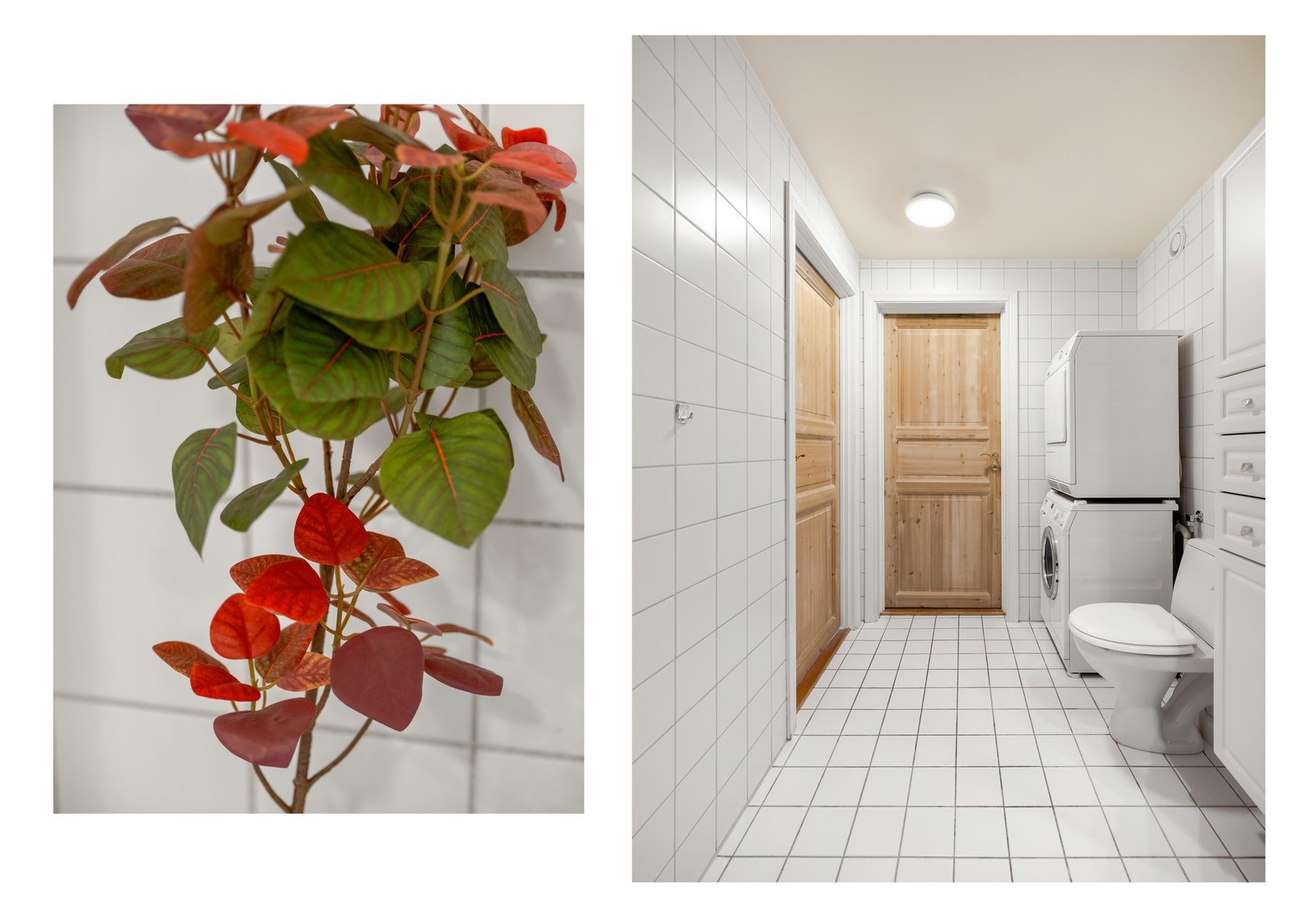 Rommet er innredet med dusjkabinett, servant, gulvstående toalett og plass og opplegg for vaskemaskin og tørketrommel. Galleribilde