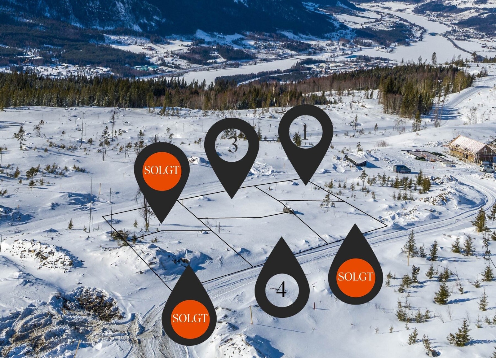 Tomtenes plassering.
Dronefoto fra tomteområdet mot nordvest. Galleribilde