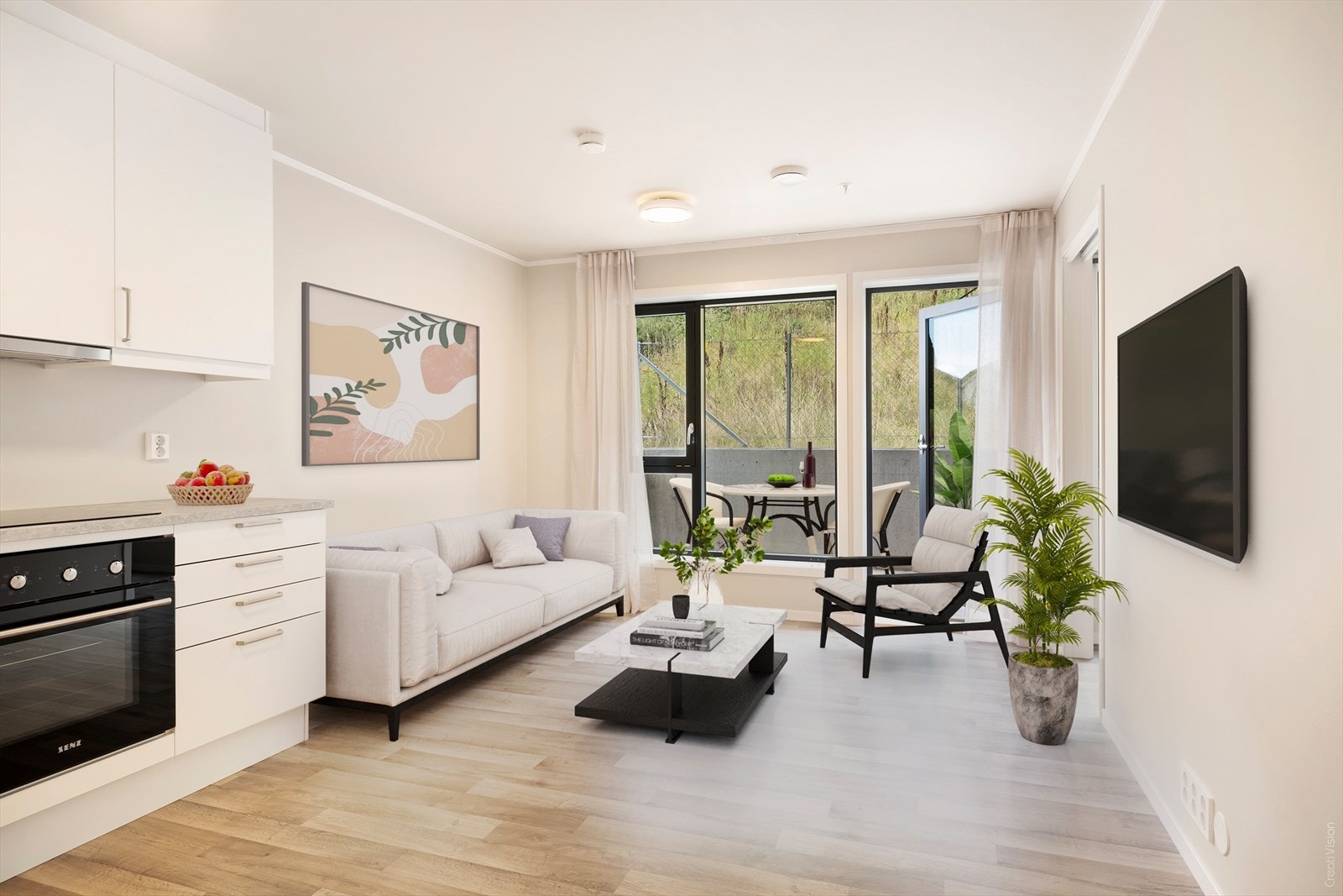 Stove og kjøkken kjem i opa løysing med plass til innreiing av ei sittegruppe. Sidan leilegheita står tom, så har vi redigert inn 3D møblar for å vise korleis rommet kan sjå ut møblert. Galleribilde