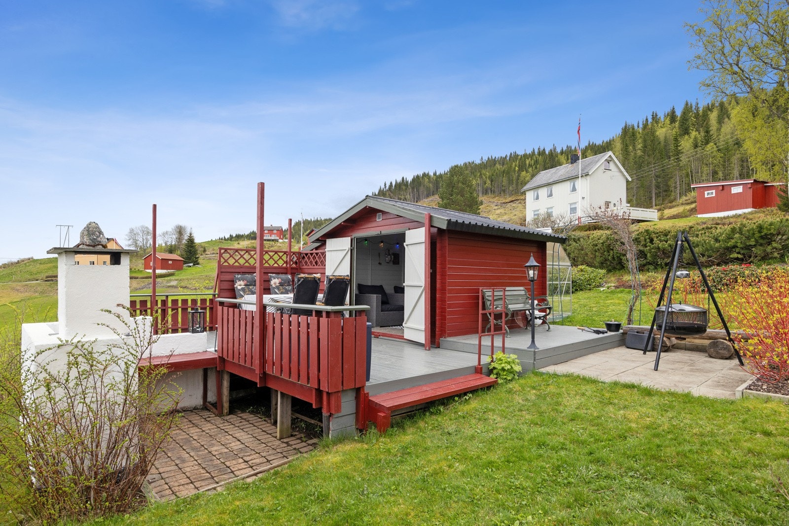 Ved utestua finner man steinlagt parti med bålpanne, som medfølger i handelen. Galleribilde