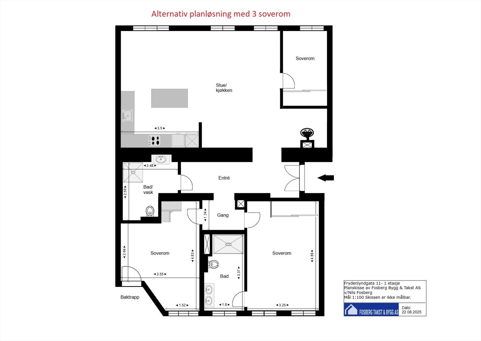 Alternativ planløsning med 3 soverom. Galleribilde