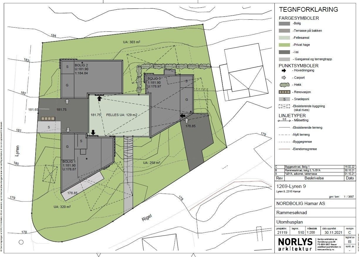 Situasjonsplan for tomtene. Den ledige tomten ligger til høyre på bildet. Galleribilde