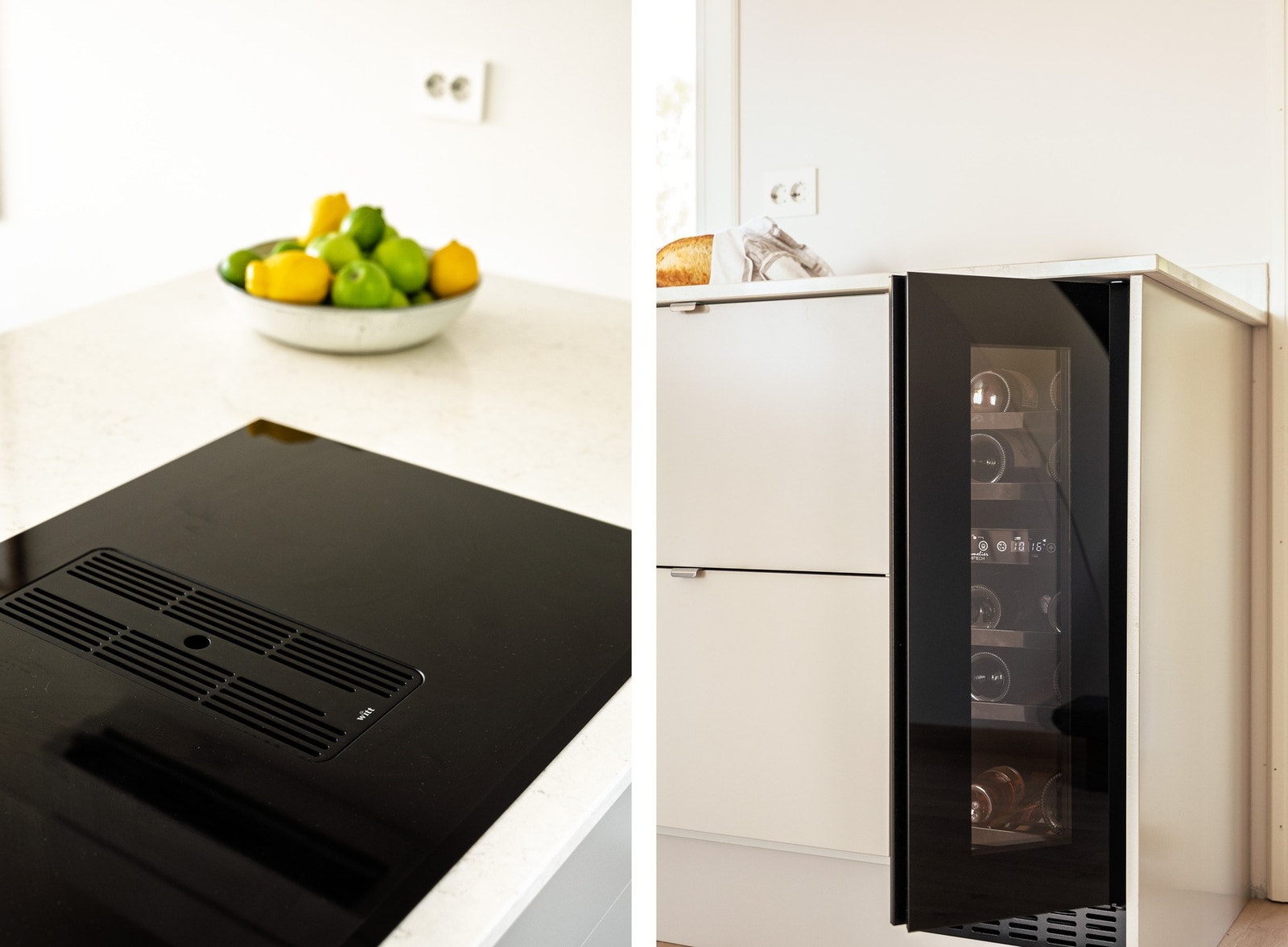 Av integrerte hvitevarer kan vi nevne; stekeovn, oppvaskmaskin, kjøleskap m/frysedel, vinskap og platetopp m/ventilator. Galleribilde