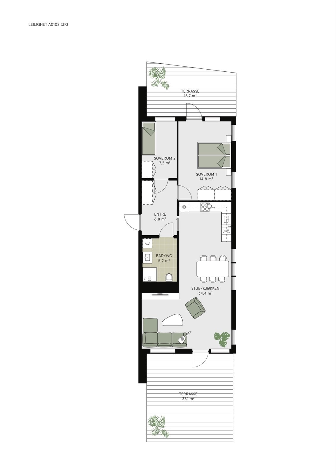 Romslig leilighet med to soverom og to terrasser. Galleribilde