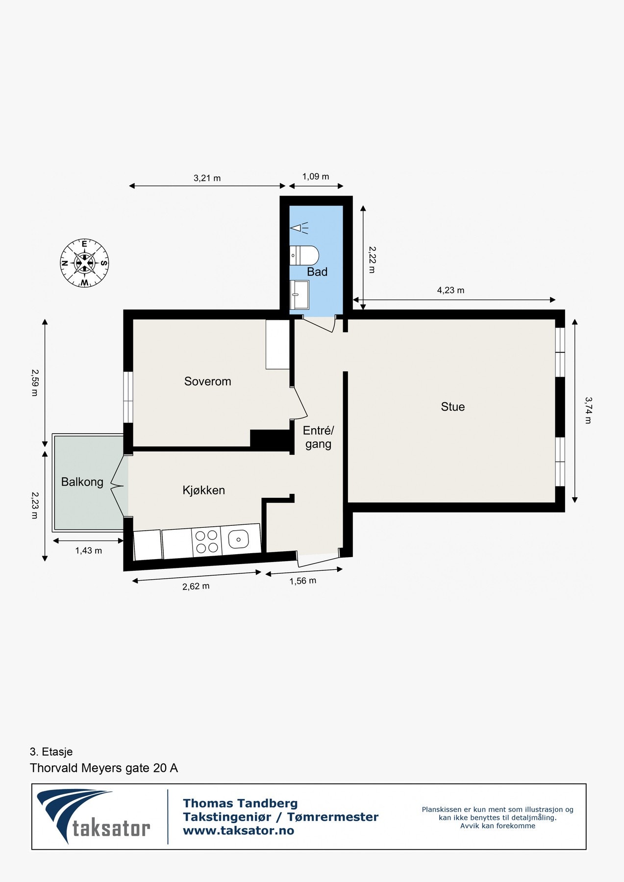 Planløsning som inneholder praktisk entré/gang, separat kjøkken med direkte tilgang til balkong, romslig stue, tidløst baderom og soverom av god størrelse. Galleribilde