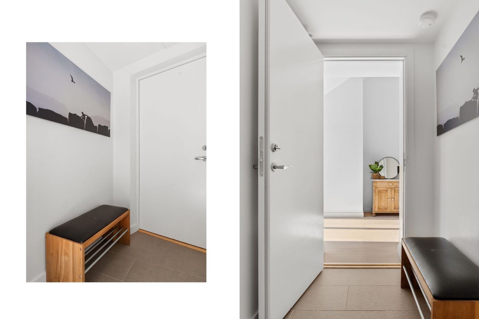 Praktisk og effektiv entré med flislagt gulv som løfter boligen og gir et elegant preg. Galleribilde