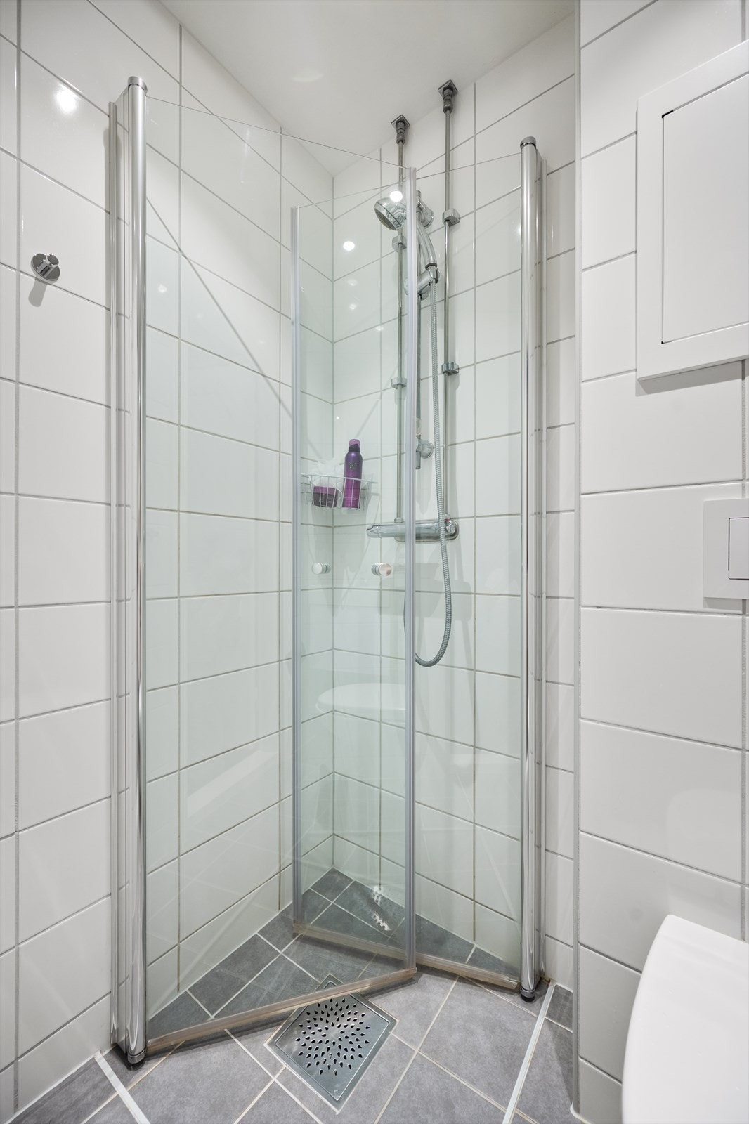 Videre har badet vegghengt klosett og dusjhjørne med innfellbare vegger. Galleribilde