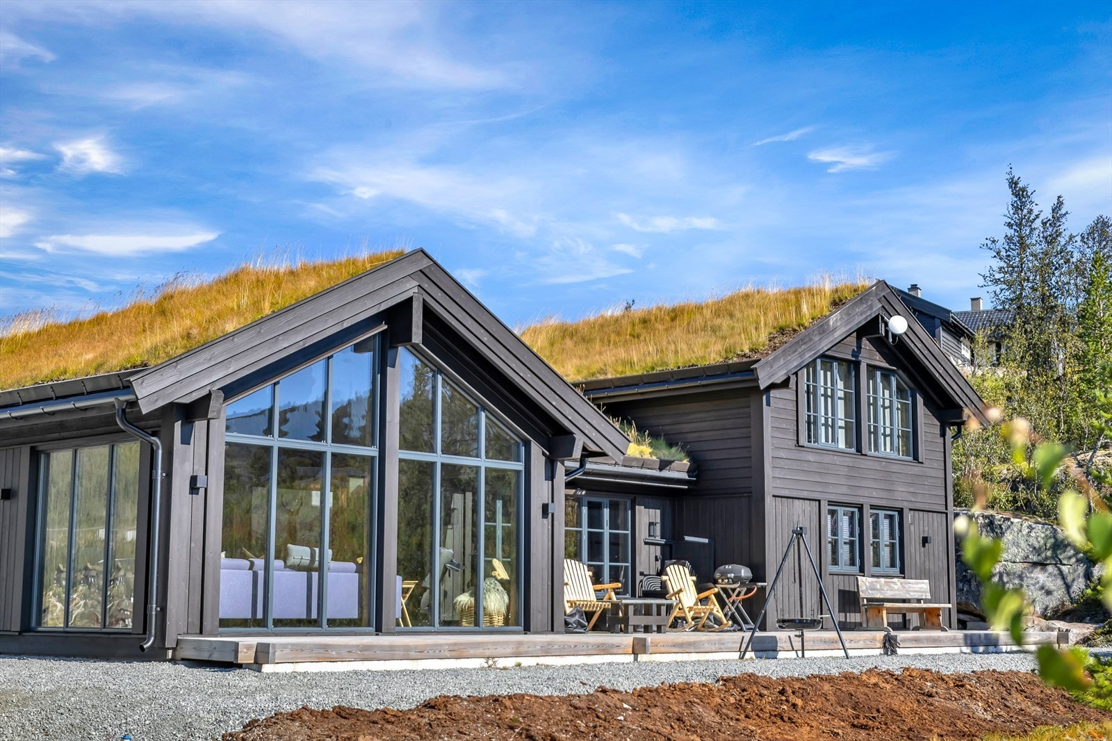 Et stilrent uttrykk med torvtak og store vindusflater som gir et harmonisk samspill med naturen Galleribilde