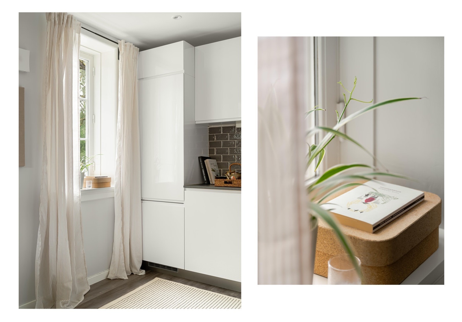 Innredningen består av glatte fronter, laminat benkeplate, integrert koketopp og stekeovn samt kombiskap. Her følger naturligvis de integrerte hvitevarene med salget. Galleribilde