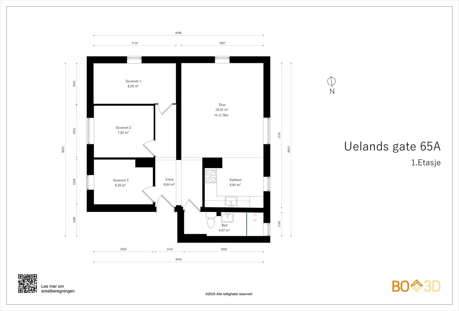 Før vi blar videre tar vi en titt på boligens planskisse slik at du får orientert deg litt. I tillegg til innvendig areal, disponerer leiligheten hele 4 boder på totalt 19 kvm. Galleribilde