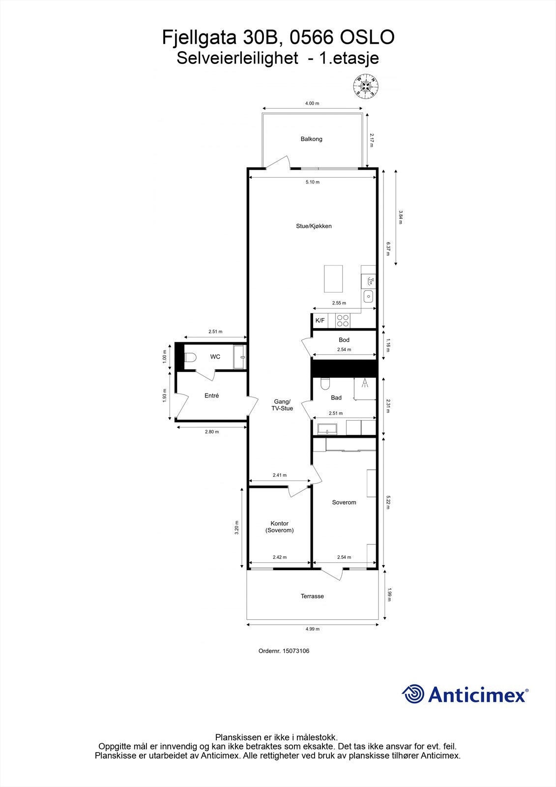 Plantegning. Legg merke til den gjennomgående planløsningen. 2. etasje mot bakgård og 1. etasje mot Fjellgata. Galleribilde