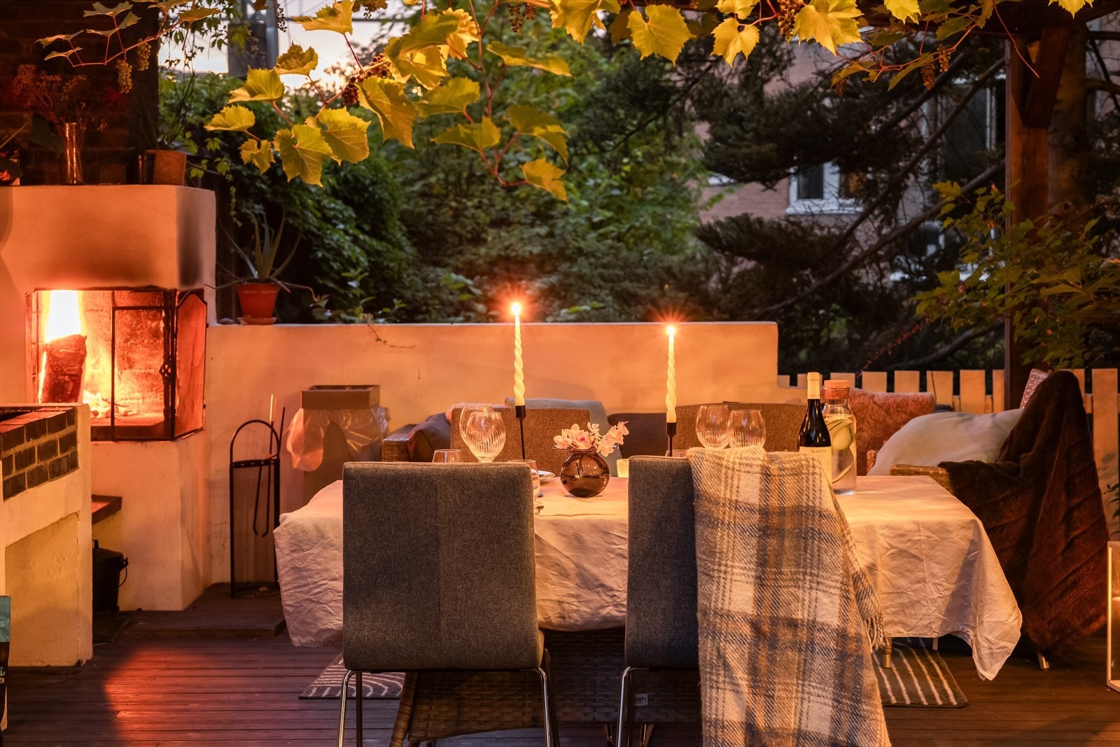 Gjennomførte fellesarealer. I hagen er det drueplanter, ripsbusker og bringebærbusker. Galleribilde