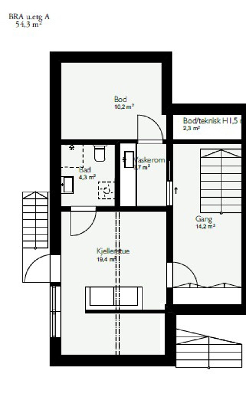 Planskisse u.etg. (Det gjøres oppmerksom på at kjellerstue er ombygd til to soverom)