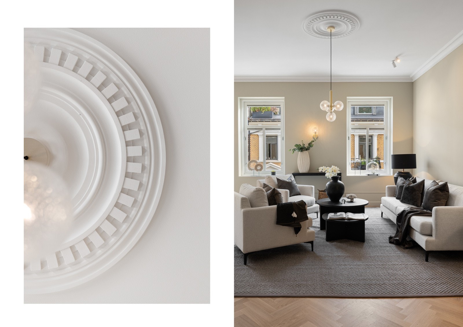 Stuen fremstår som gjennomtenkt stilmessig oppusset, men har samtidig beholdt sitt klassiske særpreg med høy takhøyde med rosetter og stukkatur. Galleribilde